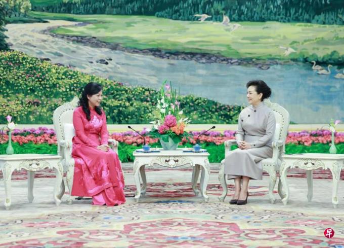 彭丽媛与越共总书记苏林夫人茶叙