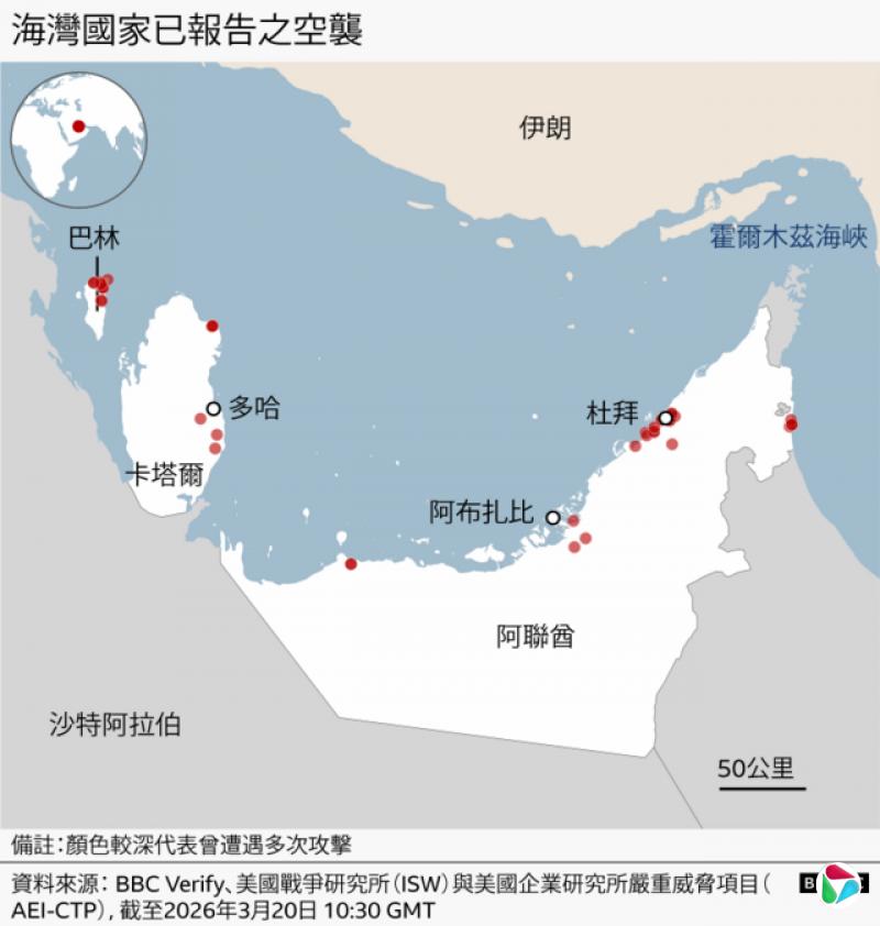 地图显示了伊朗最近对阿联酋、巴林和卡达的攻击地点,并用红点标示。