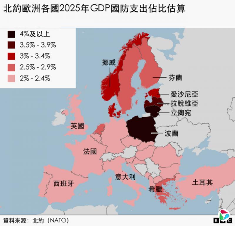 北约欧洲国家地图及其国防支出