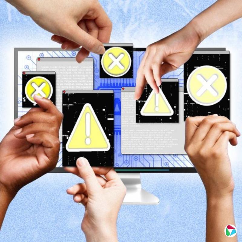 合成图:几只手举着电脑视窗形状的交叉或感叹号