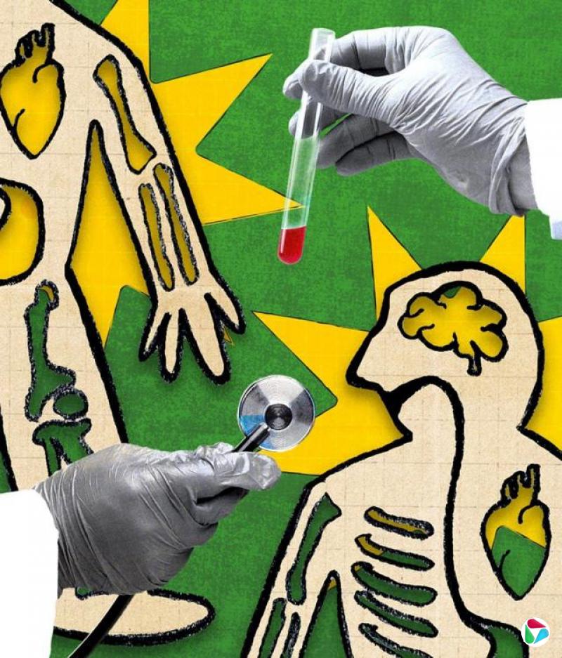 设计图片:背景为两具米色骨骼的剪贴拼贴图,背景为绿色;前景上方右侧有一只戴上灰色医用手套的手,手上拿着载有红色液体的试管,下方左侧另一只同样戴上灰色医用手套的手拿着听诊器