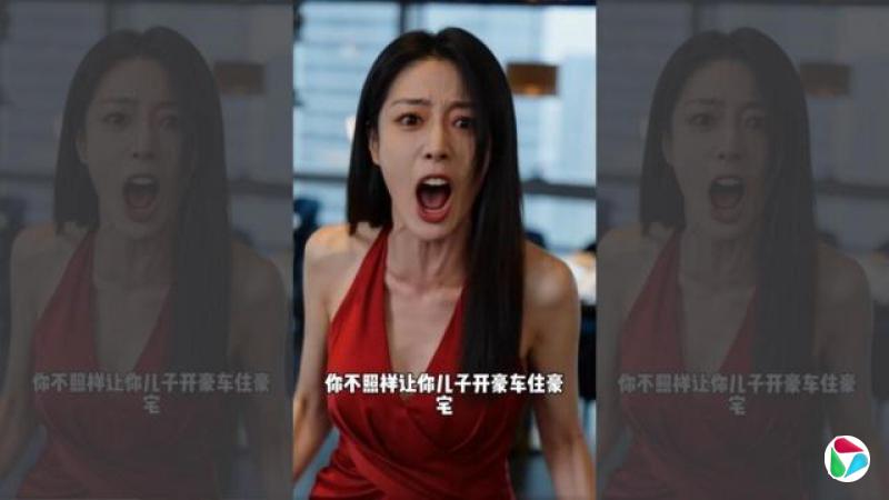 一个红裙女子在对着镜头大喊:你不照样让你儿子开豪车住豪宅。这是AI生成的剧作截图。