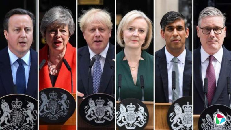 拼图:过去10年历任英国首相(从左至右):卡梅伦、文翠珊、约翰逊、利兹·特拉斯、里希·苏纳克、基尔·斯塔默