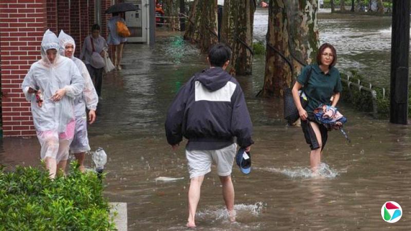 2026年8月9日,在中国上海,居民在白海豚台风带来的暴雨中涉水穿过零陵路被淹没的街道。受台风影响,这座城市出现强风和广泛水浸。