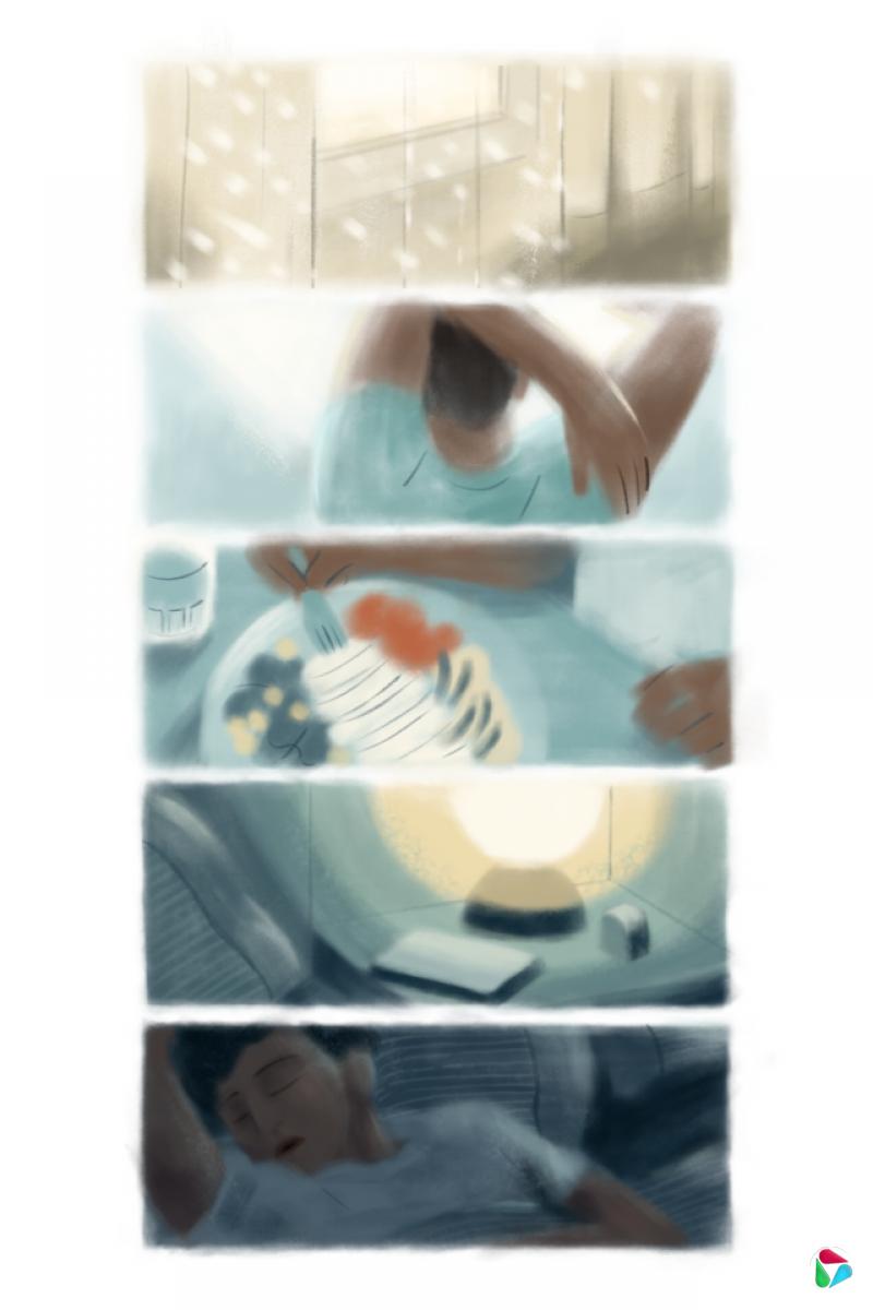 五幅插图展示黑尔(Alanna Hare)建议的不同睡眠改善方法。