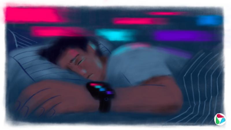 一名男子熟睡的插图,脸上带着忧虑的神情,佩戴着一只智慧手表,手表萤幕上有四道彩色光痕;当他试图入睡时,这些颜色似乎反射到墙上以及男子的脸部和身体上。