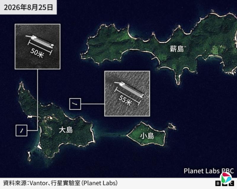 2026年8月25日的卫星影像显示,有两艘船,分别为50米和55米,位于元山附近的大岛(Tae Island)和薪岛(Sin Island)附近。